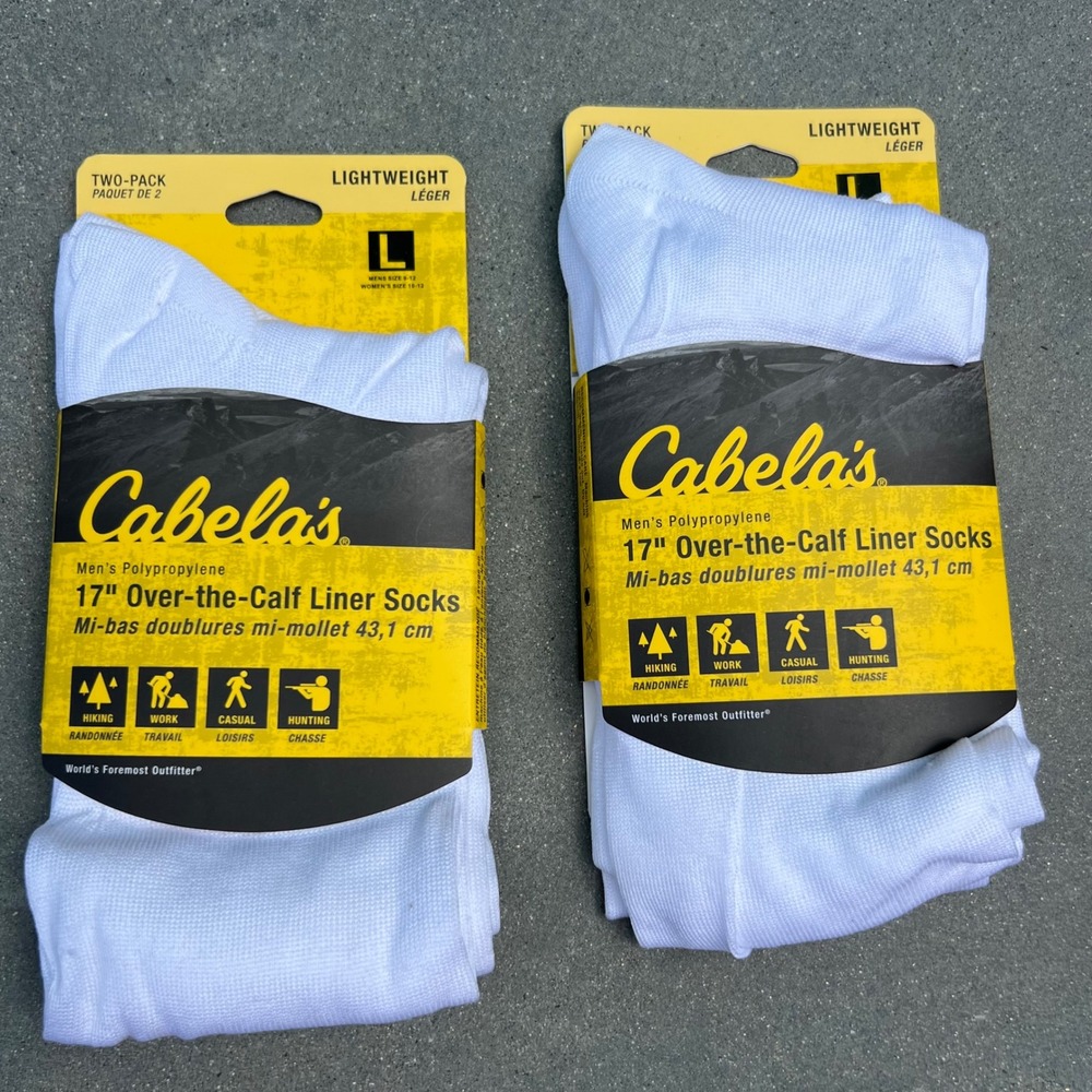 Cabelas Men 17 In Over-the-Calf Polypropylene Liner Socks 2-Pk White Size L 4pr
